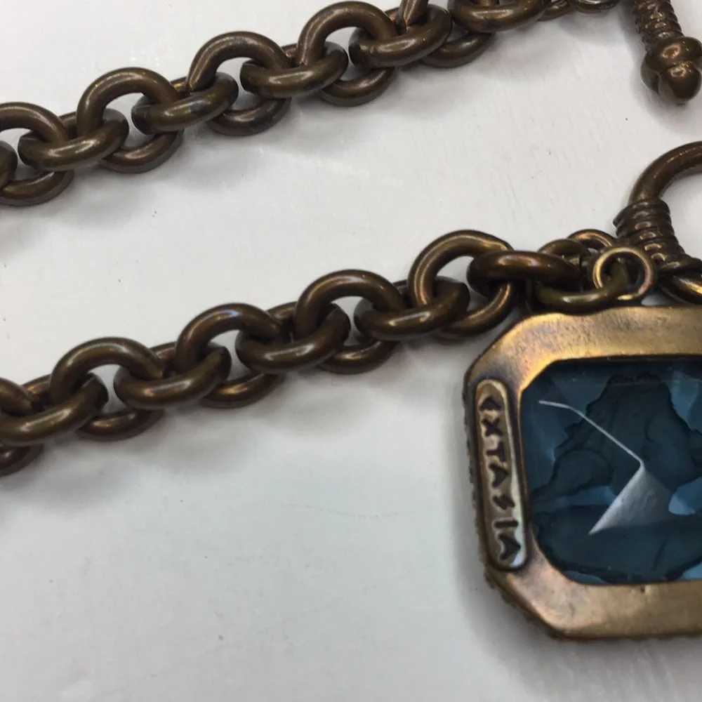 Blue & Antiqued Gold Chain Link Bracelet w/ Square Gemstone